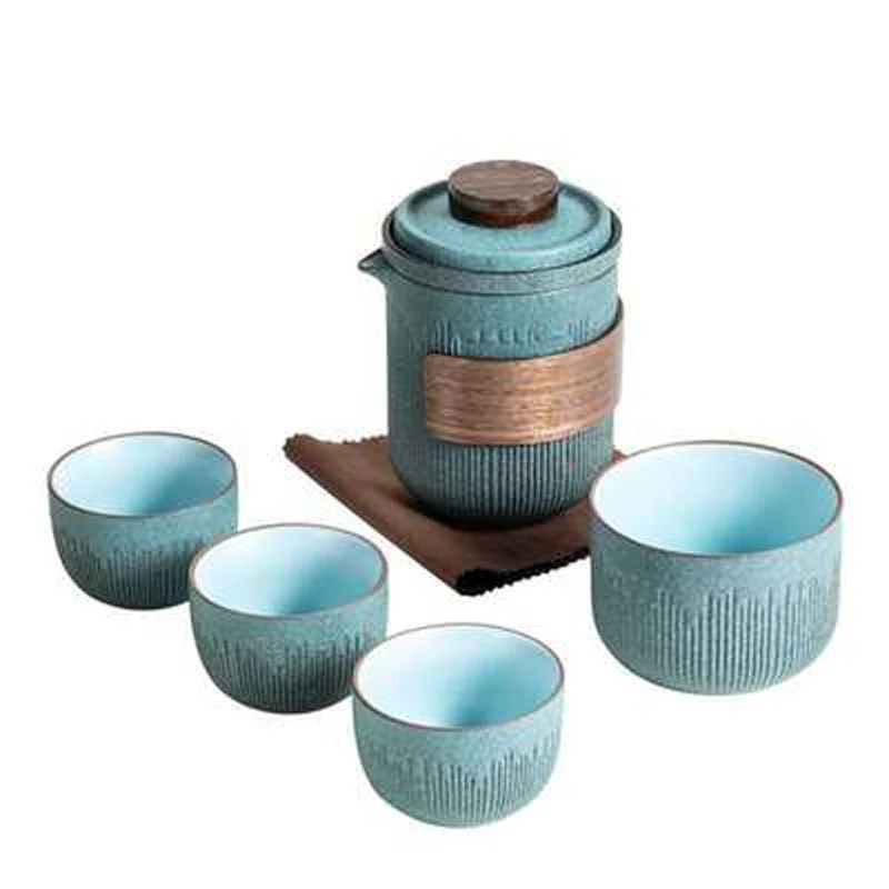 Chinese Kung Fu Tea Set, Outdoor Travel Picnic Camping, One Pot and Cups, Portable Blue Glaze Teapot, Retro Teaware