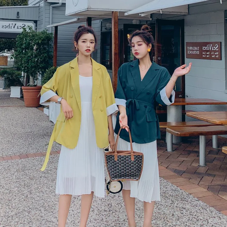

Photo Shoot CHIC Elegant Ol Dark Green Waist Hugging Lace-up Double Breasted Suit Camisole Pleated Dress WOMEN'S Suit Summer