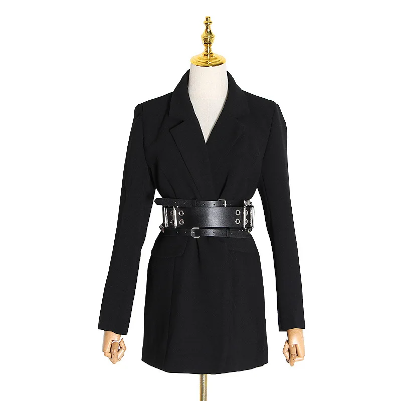 Black FINEBUD, женские блейзеры, куртки,, одноцветные, с зубчатым воротником, элегантные, для девушек, для офиса, Блейзер, костюм, осень, Повседневный, длинный пояс, пальто, куртка - Цвет: Black