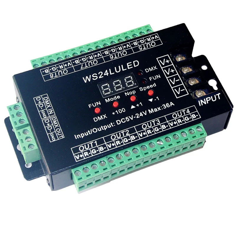 Легкая 24CH DMX512 декодер DC5V-24V 24 канала 8 группа Макс 3A max * 1.5A 36A Железный чехол