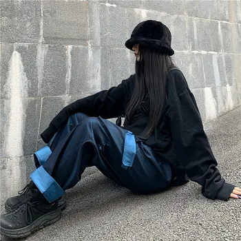 

Lychee Harajuku Hit Color Patchwork Pockets Women Cargo Pants Wide Leg Loose Female Trousers Elastic Waist Autumn Lady Bottoms