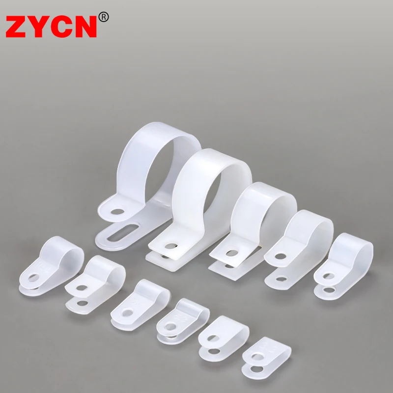 100PCS Cable Clips R-Type Nylon Clamp Plastic White Hose Fasteners Durable Mount Fix Hardware Electrical Fitting Wire Management