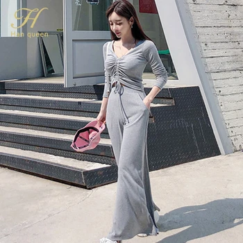 

H Han Queen Women 2020 Autumn OL Work Wear 2 Pieces Set V-neck Drawstring Top & Wide Legs Long Pant Korean Simple Casual Sets