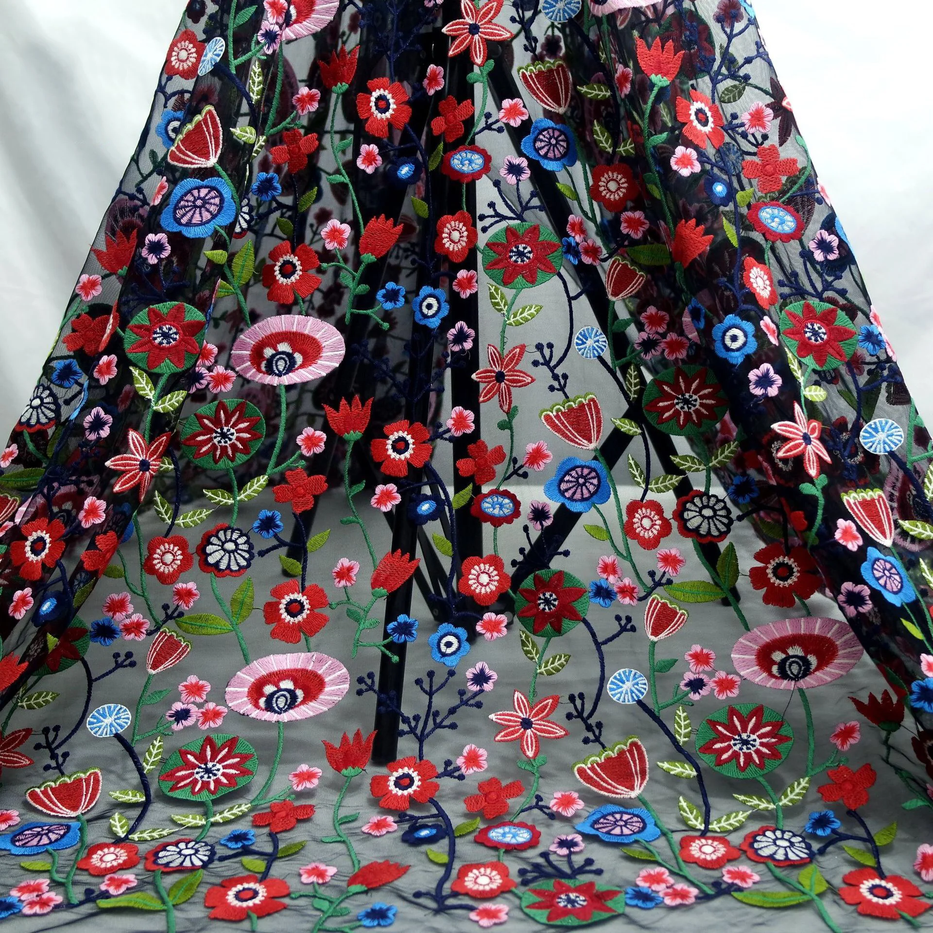 

1yards mixed color 3D flowers with leaf on mesh embroidery lace African Lace guipure french lace wedding dress lace fabric