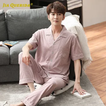 

Plaid Printing Short Sleeve Long Pants Pajamas Set Homesuit Homeclothes Sleepwear Casual Style Fashion Style Turn Down Collar