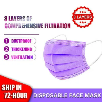 

10-500pcs Disposable Face Masks 3 Layer Filter Anti Dust Smog Earhook Breathable Gauze Mask Adult Purple Face Mouth Mask