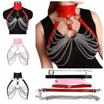 

Top Cage Leather Harness Belt Chest Neck Adjustable Punk Goth Metal Chain Hollow Out Party Dance Clothing Straps Lingerie Women
