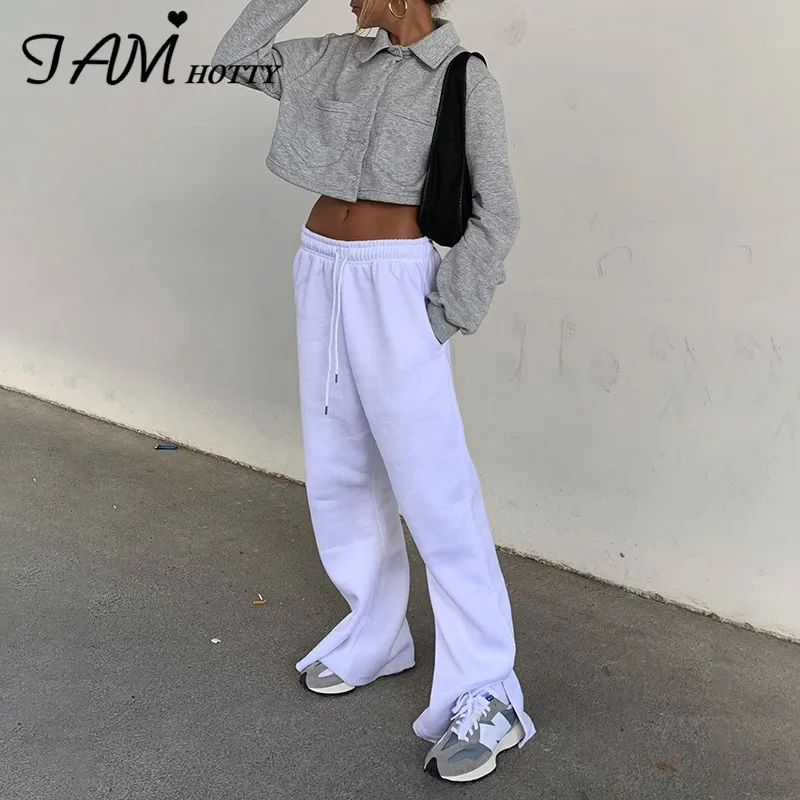 White Split Joggers Sweatpants Women Drawstring Wide Leg Flare Pants Capri Casual Outfits Streetwear Baggy Trousers 2020Iamhotty White Split Joggers Sweatpants Women Drawstring Wide Leg Flare Pants Capri Casual Outfits Streetwear Baggy Trousers 2020Iamhotty