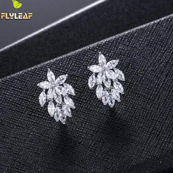 

925 Sterling Silver Full Zircon Leaves Stud Earrings For Women Luxury Design Lady Fashion Party Jewelry Accessories Flyleaf