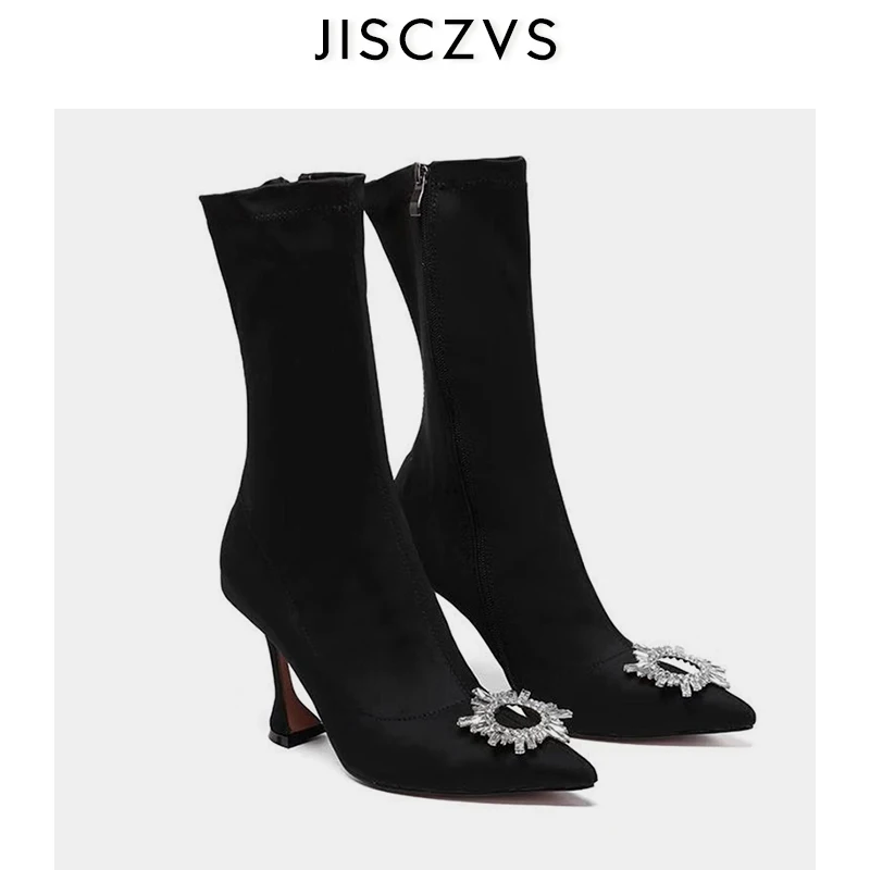 Облегающие Женские ботинки из эластичной ткани; ботильоны с острым носком и цветком из страз; женские ботинки на высоком каблуке с боковой молнией