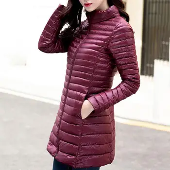 

2019 Women Down Jacket Ultra Light White Duck Down Long Coat Thin Inner Bottoming Garment Slim Autumn Stand Collar Mid Long Coat