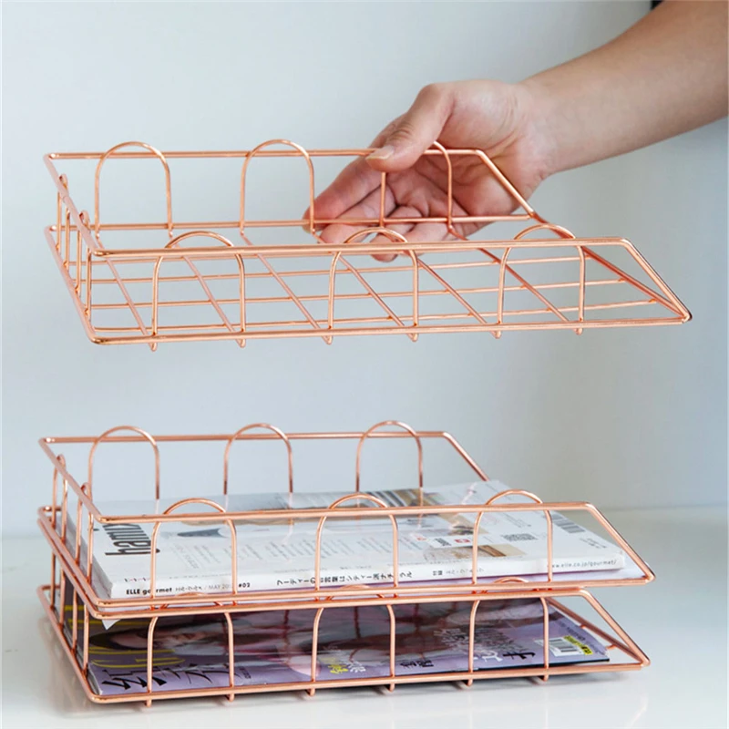 

Nordic Iron Magazine Baskets Creative Stackable Metal A4 Documents Rose Golden Multi-function Office Desktop Finishing Organizer