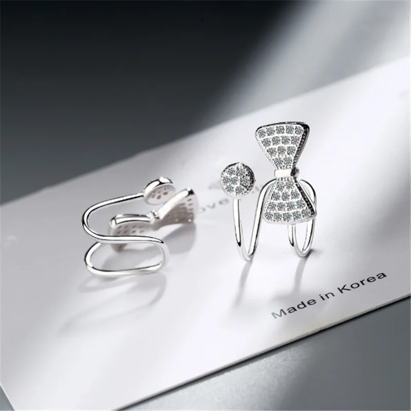 Japanese style simple personality temperament fashion crystal bow short paragraph 925 sterling silver ear clips IU012