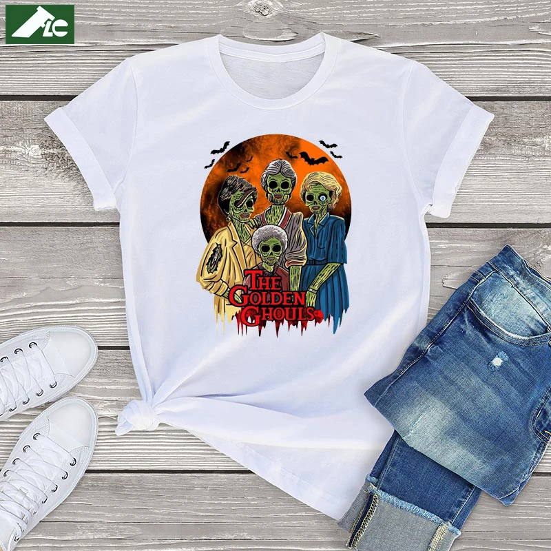 100 Cotton Golden Ghouls Short Sleeve Tee Tops Funny Halloween Horror Film Unisex T-Shirt Women Clothing Graphic Womens Shirts | Женская