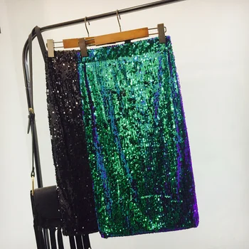 

Bling Sequins Pencil Skirt Elastic Waist Women Bodycon High Waist Skirt Feminino Sparkling Party Skirts Korean Style Skirt Green