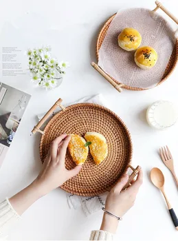 

1PC Rattan Storage Tray, Round Basket with Handle Hand-Woven Rattan Tray Wicker Basket Bread Fruit Food Breakfast Display XB 112