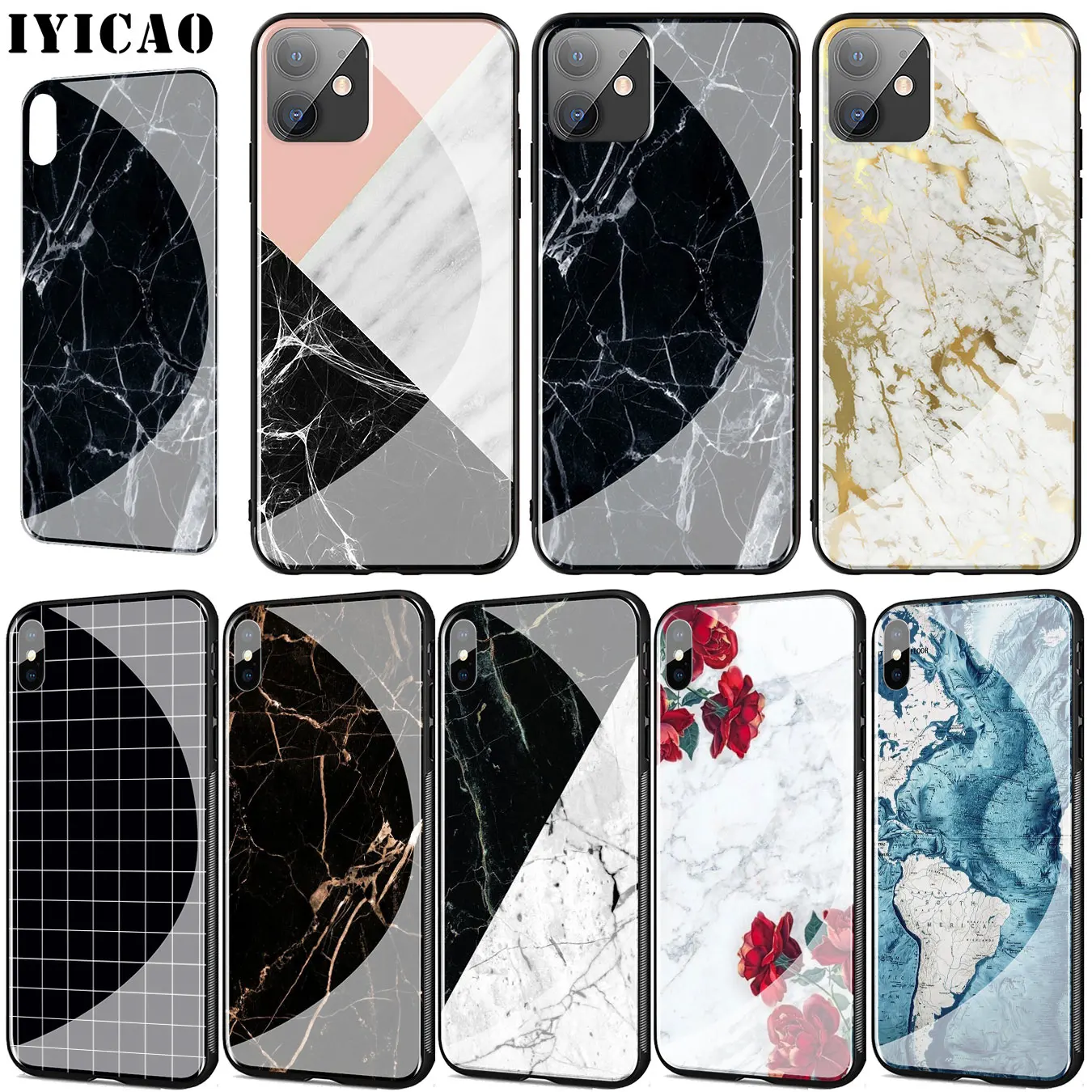 Золотой Черный Белый Мраморный чехол из закаленного стекла для телефона iPhone 11 Pro