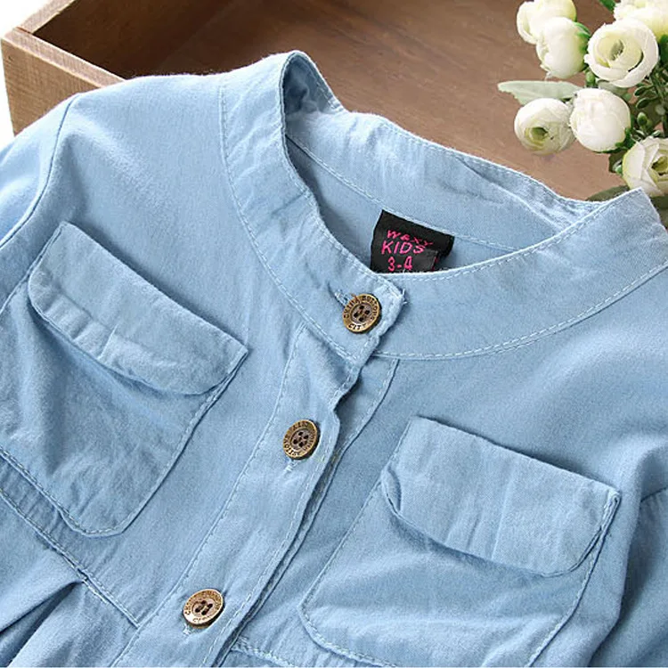 

Autumn GIRL'S Long-sleeved Shirt Children Baby Shirt Dress Children Stand Collar Cotton Denim Shirts Spring And Autumn on Clothe