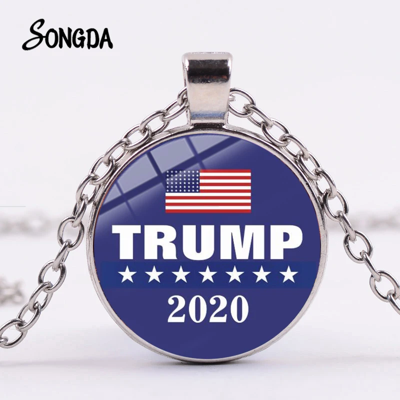 

SONGDA Trump 2020 USA Flag Necklace Keep America Great More Work To Do Re-elect Trump 3D Print Glass Pendant Super Fans Jewelry