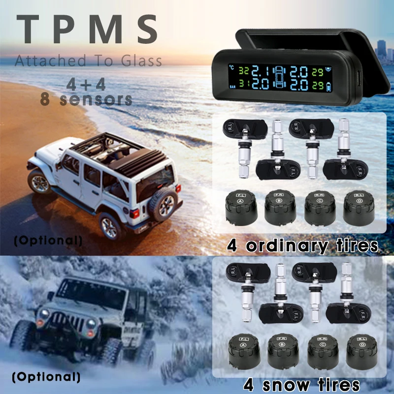 TPMS Original Wireless HD Solar Charge Car Tire Pressure Alarm Monitor System Display Turn On with Vibration with 4 5 8 Sensors