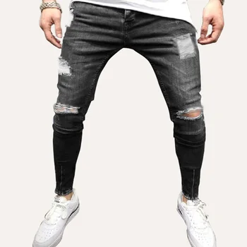 

Men Jeans Stretch Destroyed Ripped Design Fashion Black Skinny Jeans For Men