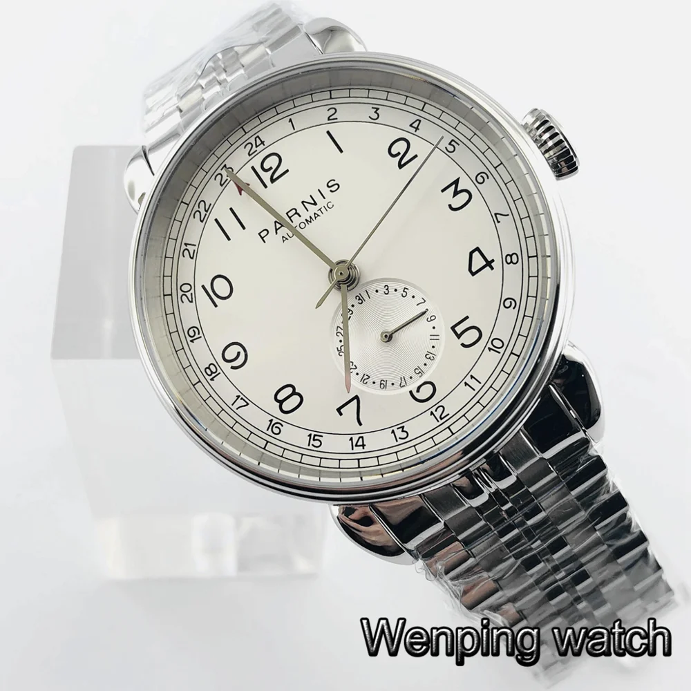 Parnis 42 мм Серебряный чехол GMT арабский знак Дата Окно твердые нержавеющая сталь мужские топ бизнес автоматические механические часы