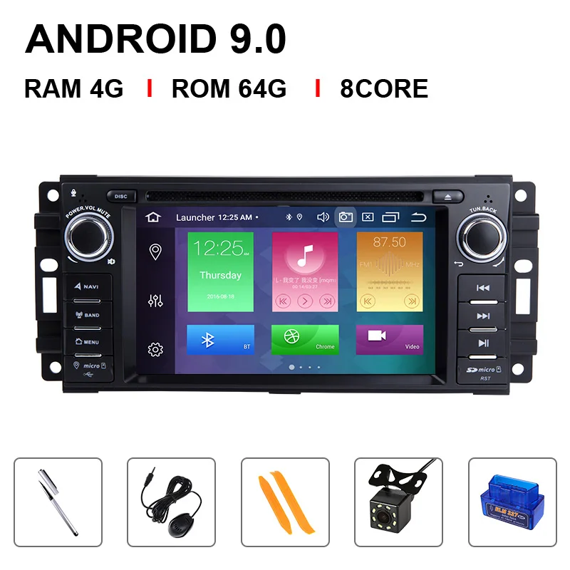 4G 1 Din Android 9 dvd-плеер для автомобиля Jeep Grand Cherokee Chrysler 300C Компас Патриот Dodge SebringGPS навигация Радио стерео - Цвет: 8 Core 64ROM OBD Cam