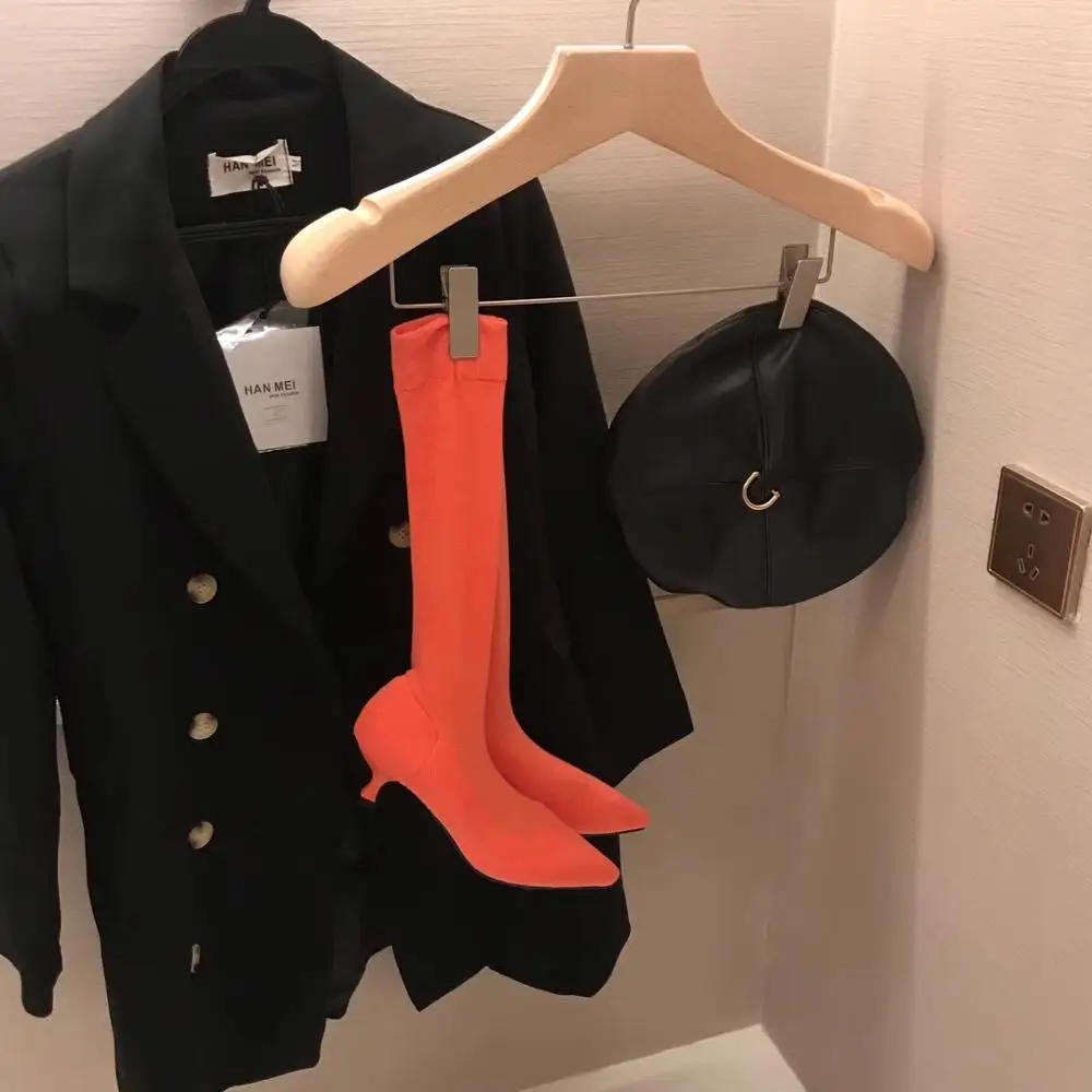 Botas mujer/новая зимняя обувь на высоком каблуке разноцветные сапоги до середины икры из эластичной ткани модная обувь женские сапоги до середины икры femme - Цвет: orange