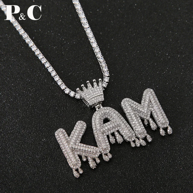 

Custom Name Crown Bail Drip Initials Bubble Letters iced out Chain Men's Gold Pendant Women Silver Necklaces CZ Hip Hop Jewelry