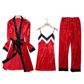 

JULY'S SONG Women Sleepwear Pajamas Set 3 Pieces Velvet Warm Sexy Stripe Pajamas Winter Sleepwear Long Sleeves Long Pants