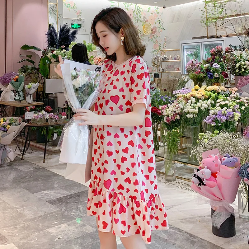 

2020 Summer Fashion New Style Maternity Clothes Heart Printed Chiffon Dress Versatile Ladies' Floral Flounced Skirt