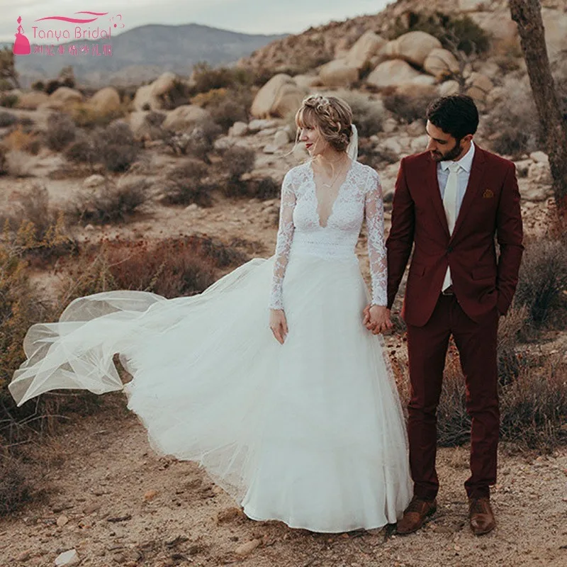 

Custom made Wedding Dresses 2019 A Line Beach Style Deep V Neck Boho Garden Bridal Gowns Vestido De Noiva JQ600