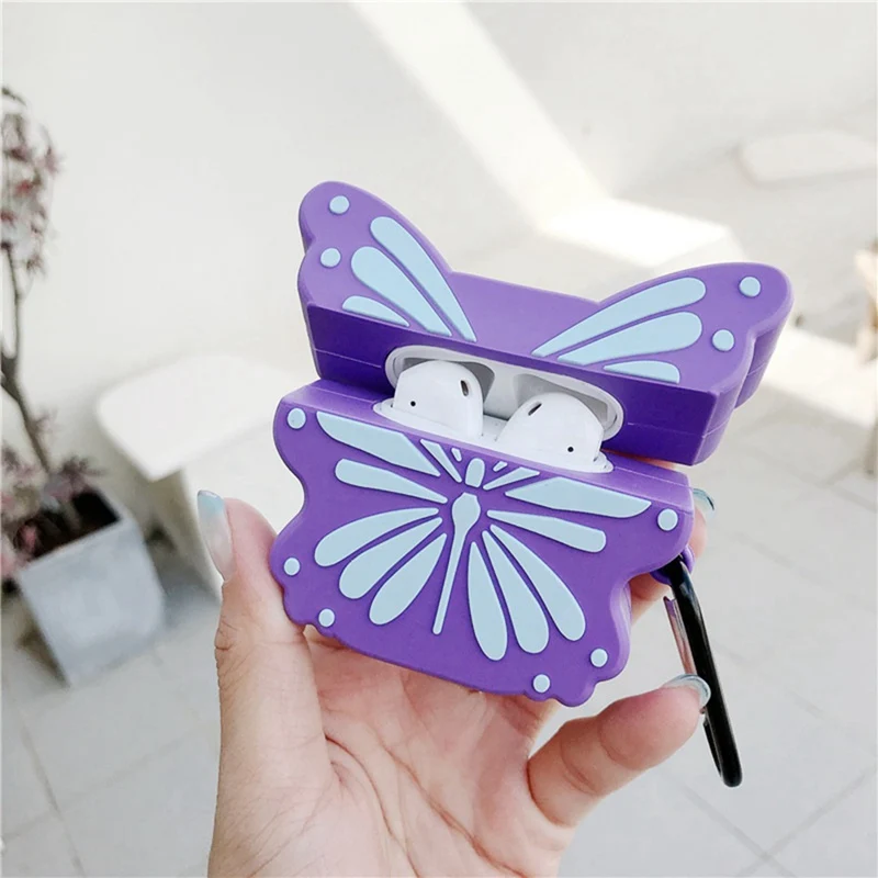 

For Airpods 1/2/Pro 3 Earphone Protective Case with Hook Cute 3D Purple Butterfly Soft Silicone Wireless Bluetooth Headset Cover