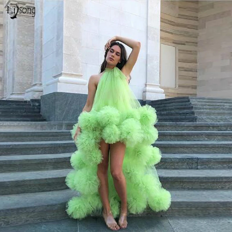 

robe de soiree Neon Green Sexy Long Evening Formal Dresses Hi Low Ruffle Tulle Evening Gown Asymmetrical Halter Party Dresses