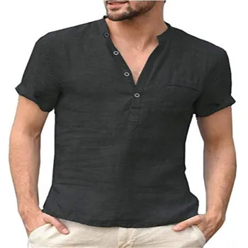 

New Cotton Linen Short Sleeve Men's Shirt for Summer 2020 Standing Collar and Button-down Half Opening Mens Dress Shirts