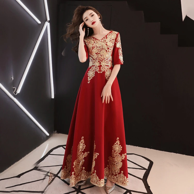 

Dark Red Party Evening Long Cheongsam Retro Slim Dress Marriage Gown Chinese Style Wedding Qipao Lady Clothes Vestido XS-3XL