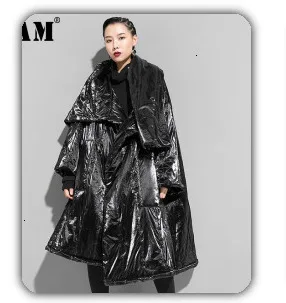 [EAM] новая весенняя черная куртка со стоячим воротником и длинным рукавом на косой пуговице большого размера Женская куртка модный тренд JI087