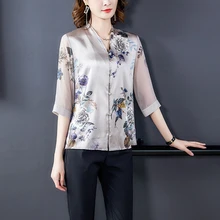 

2021 Summer Silk Women's Blouses Shirt V-neck Half Floral Satin Ladies Tops Button Up Shirts Women OL Vintage Top Woman Clothing