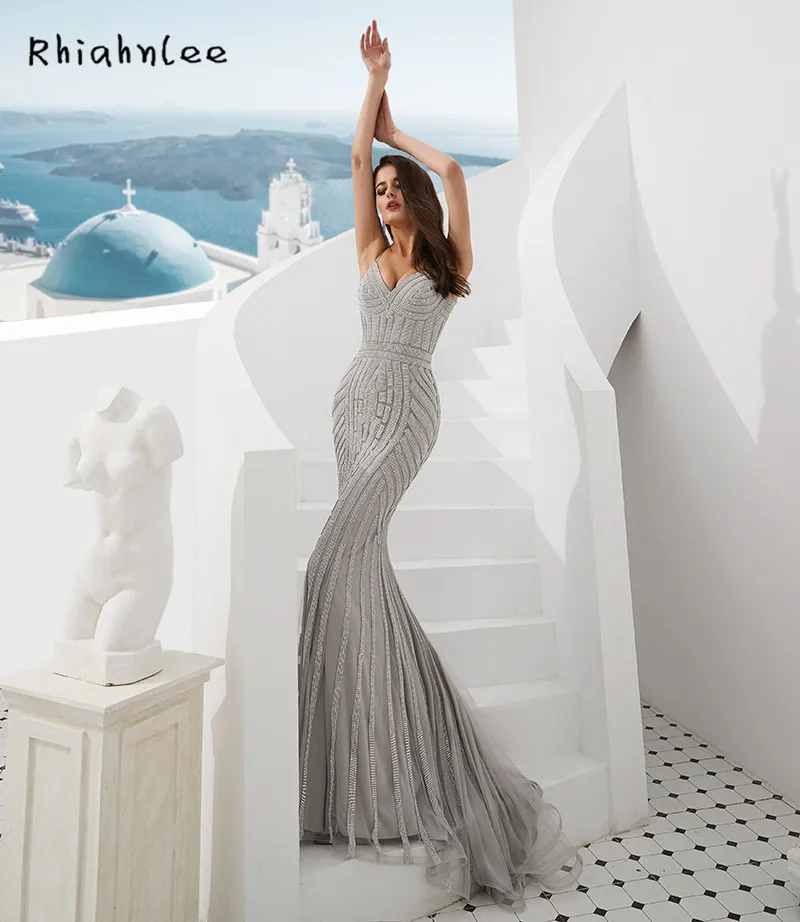 Rhiahn, сексуальные серые вечерние платья, спагетти ремень, vestidos de festa, бисерное милое декольте, диамонт, официальное платье, реальные фотографии