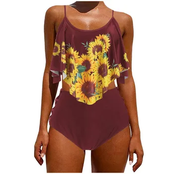 

Women Push-up Padded Flounce Lattice Sunflower Print Flounce Tankini Swimwear Bathing Suit Female Biquini Plus Size XL Sets