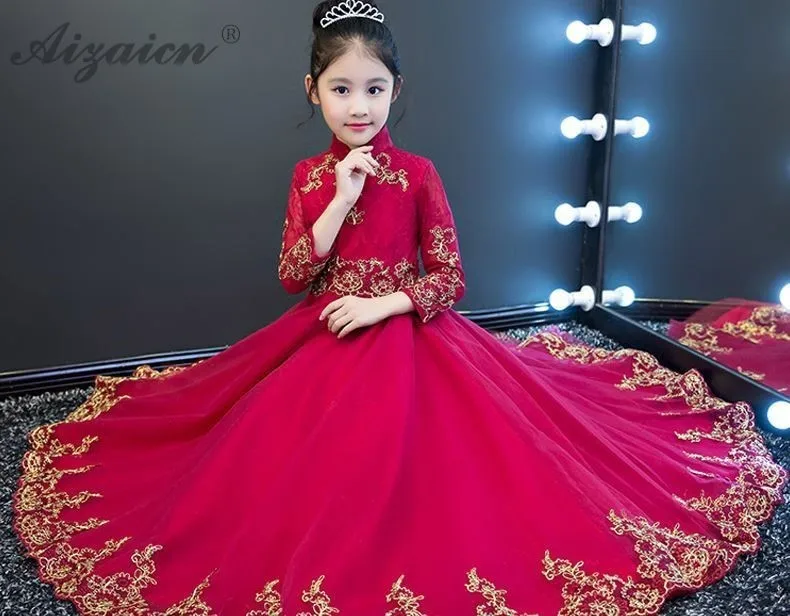 Красное вино кружево принцесса Пряжа юбка девушки день рождения Cheongsam хост Длинные платья цветок ребенок Qi Pao китайское традиционное