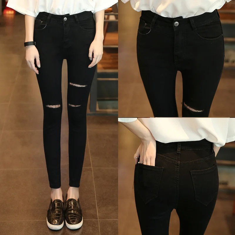 Корейский стиль, черные рваные джинсы, женские Капри, для студентов, с высокой талией, эластичные, облегающие брюки, обтягивающие, узкие брюки