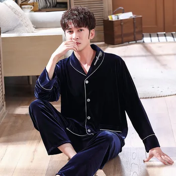 

Spring Velour Pajamas Suit Long Sleeve Sleep Set Men Turn-down Collar Nightwear Velvet Shirt Pants Nighties Robe Homewear
