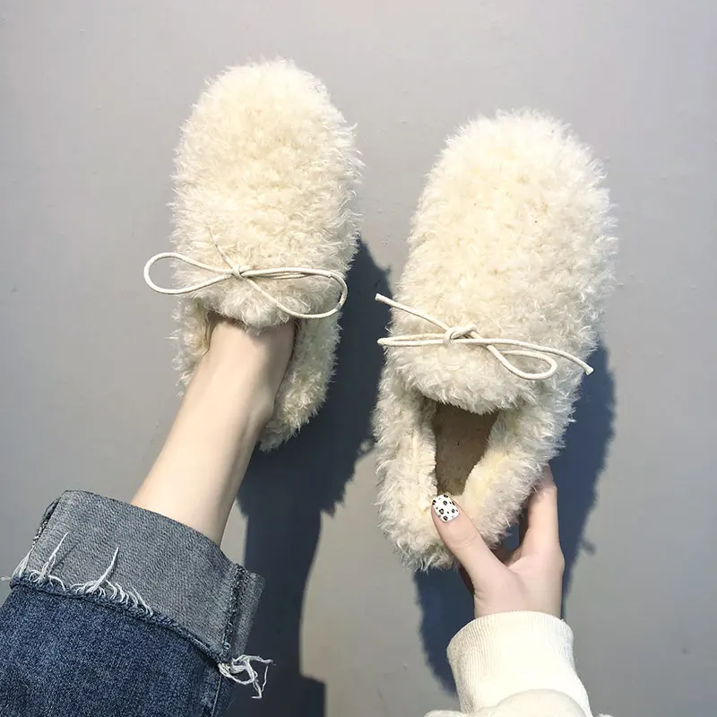 

hot popular bowtie faux fur loafers women thicken cotton padded winter flats slip on lazy shoes woman plush moccasins 2019 328
