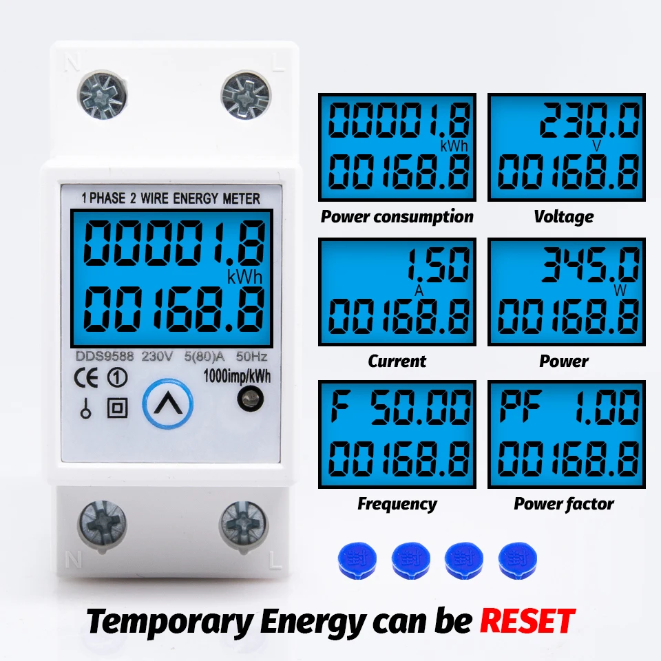 Din Rail Single Phase Energy Meter Reset Zero Kwh Voltage Current Power