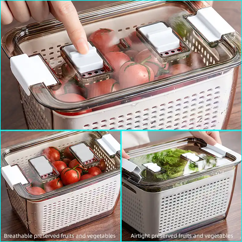 Gebuter Refrigerator Fresh Box Container Fruit Vegetable Drain Crisper Kitchen Storage Containers Plastic for Home