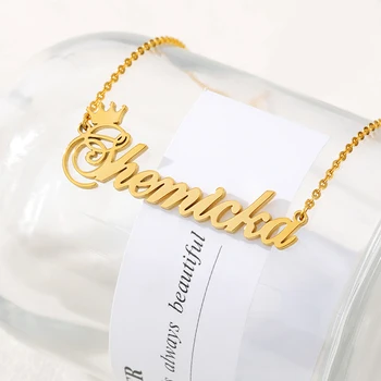 

Personalized Name Crown Necklace Handmade Customized Cursive Font Nameplate Pendant Stainless Steel Chain Jewelry Birthday Gifts