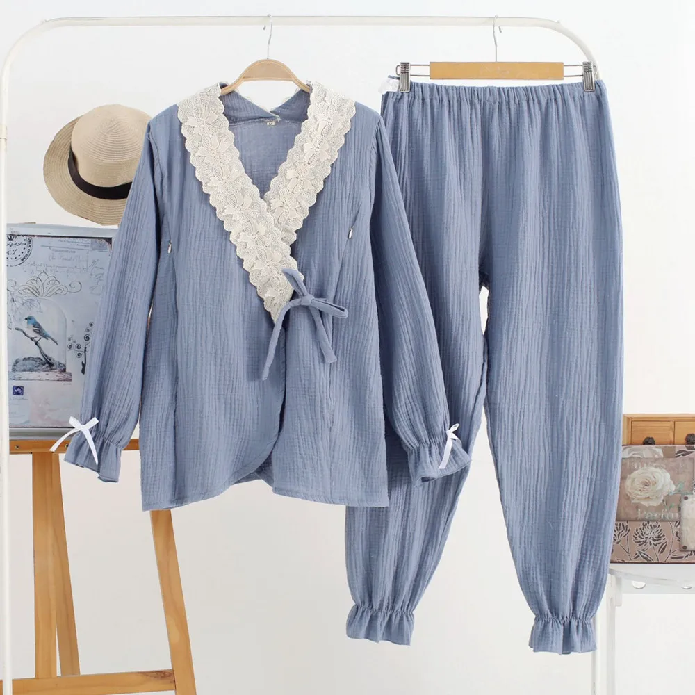 

Fdfklak Cotton Maternity Nightie Nursing Pajama For Pregnant Women 2020 Spring Autumn Long Sleeve Lace Sleepwear Women