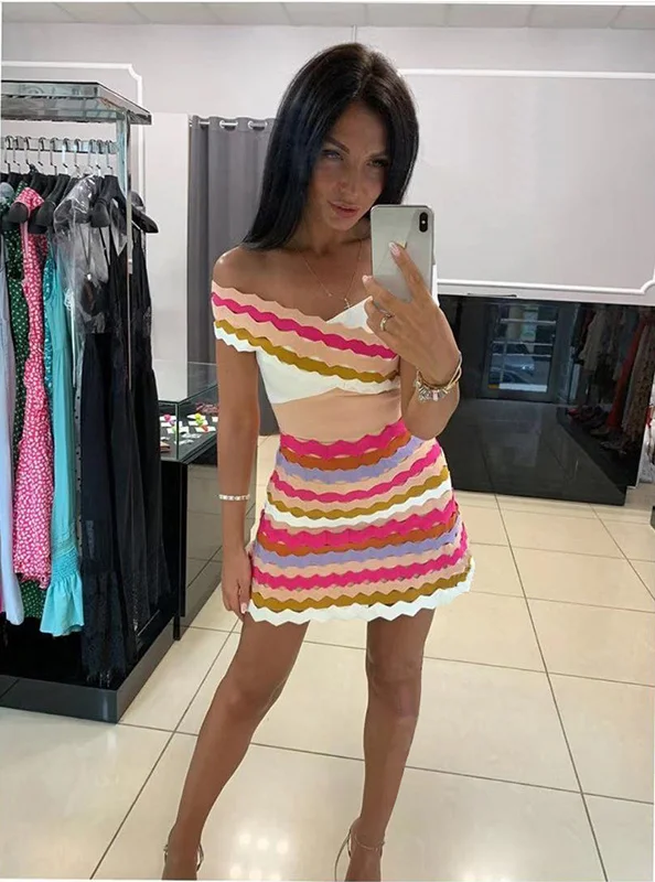 

High Quality Pink Striped Slash Neck Black Elegant Aline Rayon Bandage Dress Evening Party Bodycon Dress