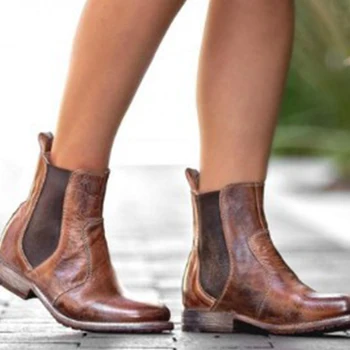 

PU Shoes Walking Leather Boots Low-heeled Fashion Wild Low Ankle Boots For Ladies Shoes Botines Mujer Female Footwear